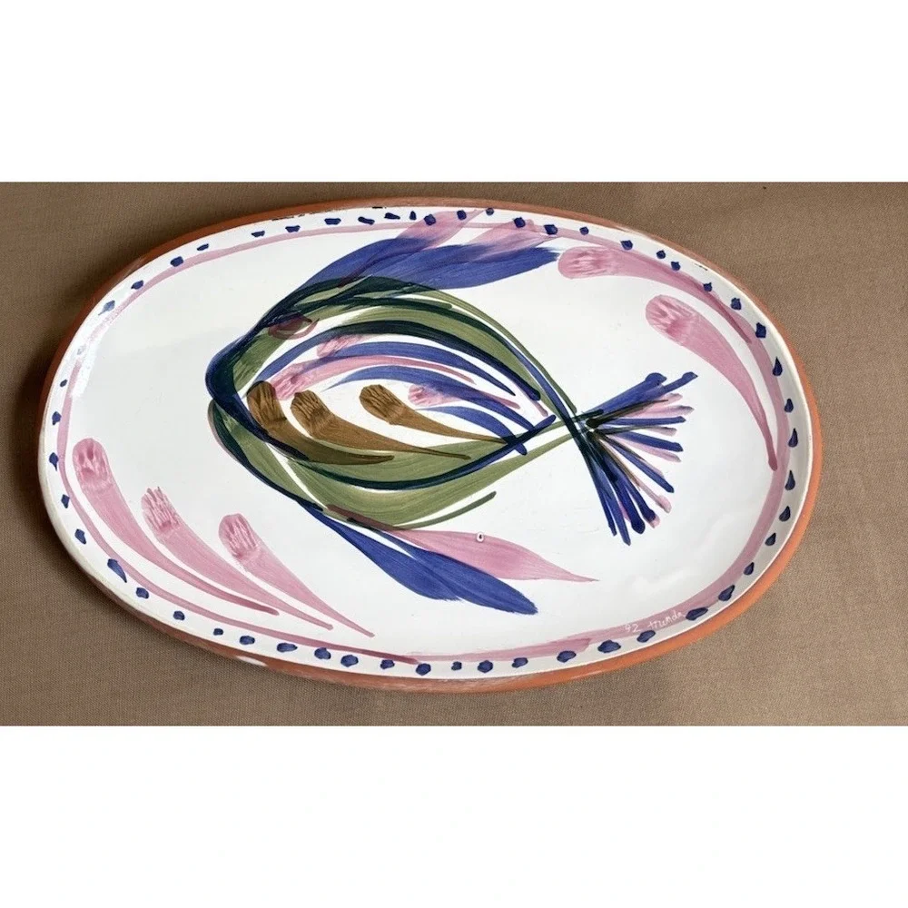 Hand Painted Italian Plate w Fish Blue Pink Green Brown 12